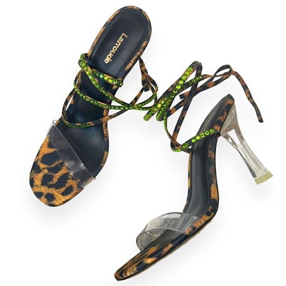 Larroude Shoes - Larroude Disco Gloria Leopard-Print Wrap Sandals Heels Embellished Women Size 8